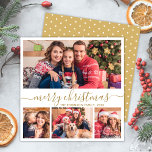 Elegant Guld Script 4 Photo Collage jul Julkort<br><div class="desc">Modern Minimalistisk Elegant Vitt och Guld-skript 4 fotosamlingskort i God jul. Den här snygga, vismliknande, fyra (4) fotokortsmallen har en söt fotokollage och säger "God jul"! Texten "God jul" hälsning är skriven i ett vackert handskrivet skrivet, snabbt och rostiskt färgämne av svan-typstyp eller typografi i guld på vit färg-bakgrund. På...</div>