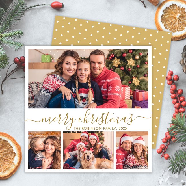 Elegant Guld Script 4 Photo Collage jul Julkort (Skapare uppladdad)