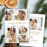 Elegant Guld Script 5 Photo Collage jul Julkort<br><div class="desc">Modern Elegant Simple Calligraphy Guld Script 5 Photo Collage God jul Helgdag Card. Den här sjutna, minimalistiska, fem (5) fotokortmallen Julhälsningar ett söt-rutnätsfotokollage och säger "God jul"! Texten "God jul" hälsning är skriven i ett vackert, snabbt, slitsat dekortecken i svan eller kalligrafi i guld på vit färg-bakgrund. På motsatt sida...</div>