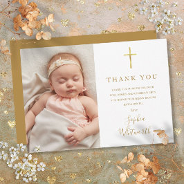 Elegant Guld Script Baptism Christening Photo Tack Kort