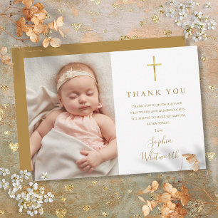 Elegant Guld Script Baptism Christening Photo Tack Kort