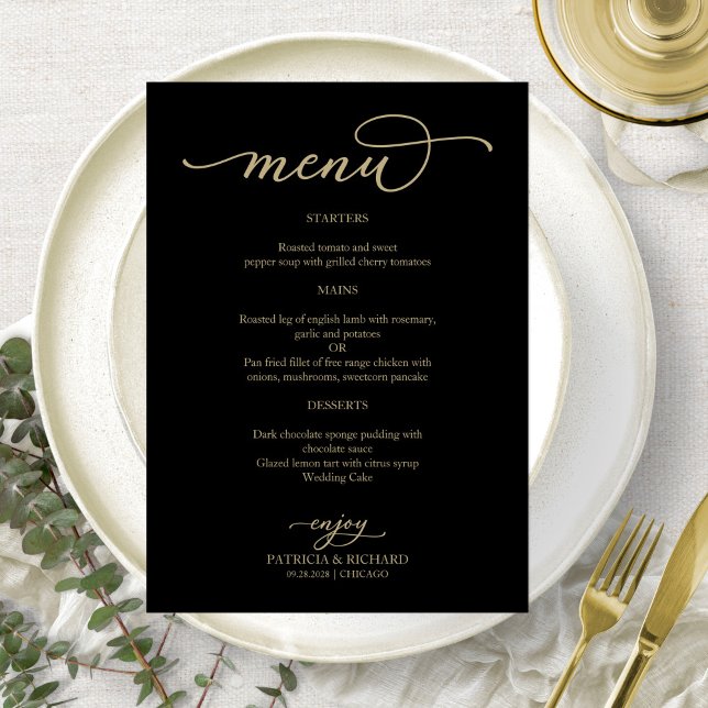 Elegant Guld Script Black Bröllop Menu Meny (Skapare uppladdad)