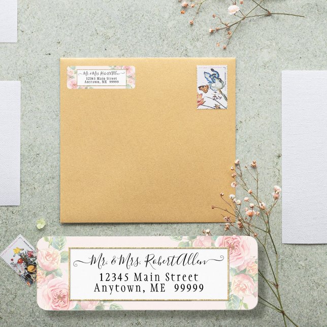 Elegant Guld Script Botanical Rosa ros n Greenery Returadress Etikett (Skapare uppladdad)