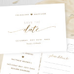 Elegant Guld Script, Bröllop spara datum P Vykort<br><div class="desc">Berätta din bröllop-dejt med detta vackra, elegant och enkla bröllop spara datum-vykort. Elegant modern handskriven skripttypografi genom utskriften. Rena och enkla stil. Vit och guld-design med beröring av faux-folie från guld. Möjlighet att ändra "Spara the" till "Spara our" date. Tillbaka med området för dina uppgifter om bröllop och namn i...</div>