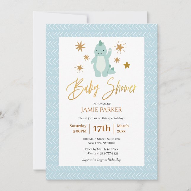 Elegant Guld Script Cute Blue Dinosaur Baby Shower Inbjudningar (Framsida)