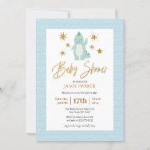 Elegant Guld Script Cute Blue Dinosaur Baby Shower