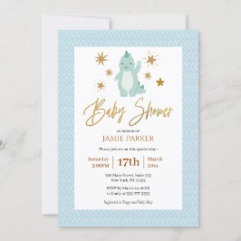 Elegant Guld Script Cute Blue Dinosaur Baby Shower Inbjudningar