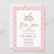 Elegant Guld Script Cute Rosa Dinosaur Baby Shower