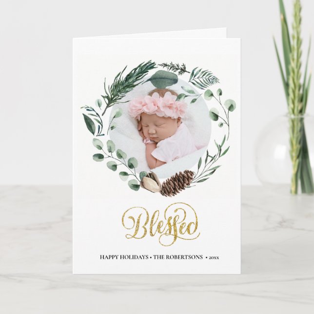 Elegant Guld Script Eucalyptus Foliage Greenery Helgkort (Framsida)