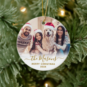 Elegant Guld Script Family Photo God jul Julgransprydnad Keramik
