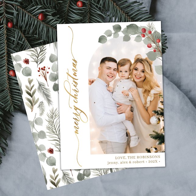 Elegant Guld Script Foliage Photo Arch Jul Julkort (Skapare uppladdad)