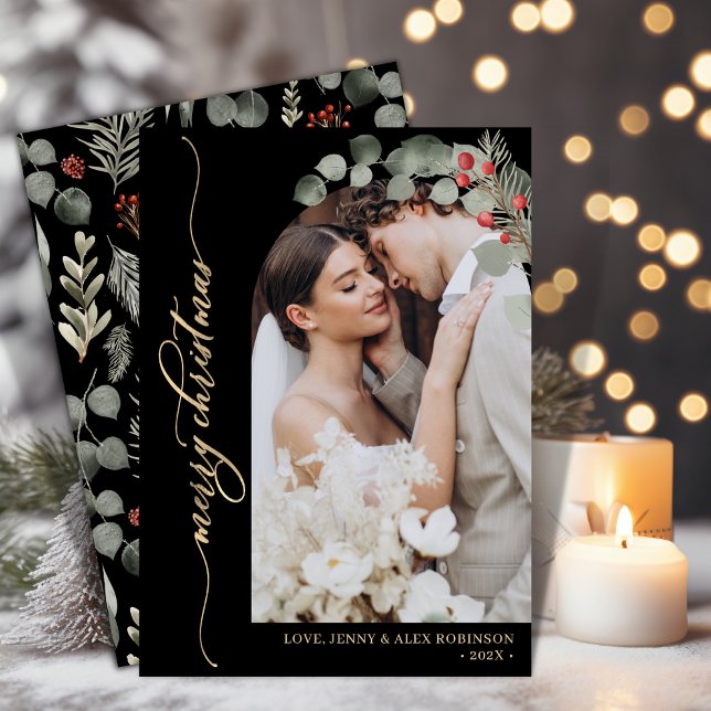 Elegant Guld Script Foliage Photo Arch Jul Julkort (Skapare uppladdad)