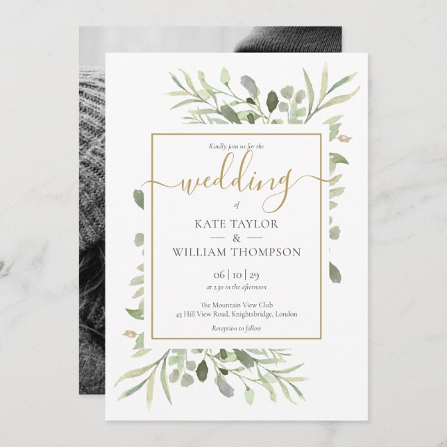 Elegant Guld Script Grey Löv Photo Bröllop Inbjudningar (Fram/baksida)