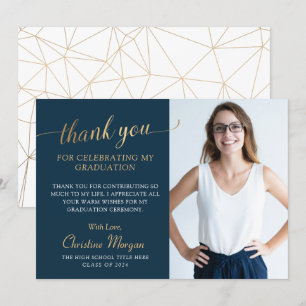 Elegant Guld Script Navy Blue Studenten Photo Tha Tack Kort