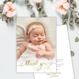 Elegant Guld Script Newborn Baby Photo Tack Kort