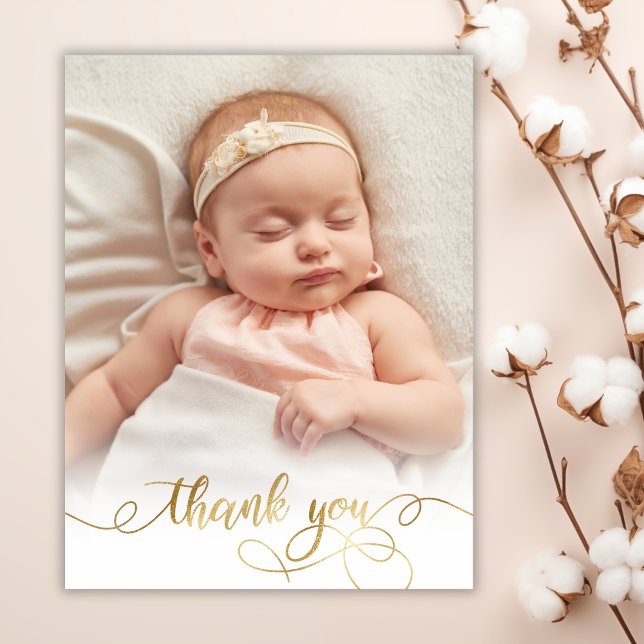 Elegant Guld Script Newborn Baby Photo Tack Vykort (Skapare uppladdad)