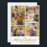 Elegant Guld Script Photo Collage jul Julkort<br><div class="desc">Minimalistiskt, Elegant Calligraphy Guld Script 5 Photo Collage "God jul" Script Helgdag Card i guld white. Den här snygga, enkla, visuella 4 (5) fotokortmallen innehåller en söt helgdag-fotokollage och säger "God jul"! Texten "God jul" hälsning är skriven i ett vackert handskrivet teckensnitt som snabbt byts ut mot svan. På omvänd...</div>