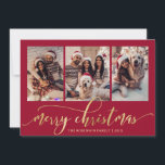 Elegant Guld Script Red 3 Photo Collage jul Julkort<br><div class="desc">Modern Elegant Script Red och Guld 3 Photo Collage God jul Helgdag Card. Det här festkortet för helgdag har en snyggt som påminner om "God jul" hälsning i elegant med handskriven kalligrafi på röd bakgrund. Texten visas i ett faux-guld-penselskript med dekortecken, som är vackert inställt mot rikens röda bakgrund. På...</div>