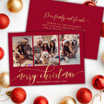 Elegant Guld Script Red 3 Photo Collage jul Julkort<br><div class="desc">Modern Elegant Script Red och Guld 3 Photo Collage God jul Helgdag Card. Det här festkortet för helgdag har en snyggt som påminner om "God jul" hälsning i elegant med handskriven kalligrafi på röd bakgrund. Texten visas i ett faux-guld-penselskript med dekortecken, som är vackert inställt mot rikens röda bakgrund. På...</div>