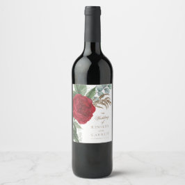 Elegant Guld Script Red Blommigt Bröllop Vinflaska Etikett