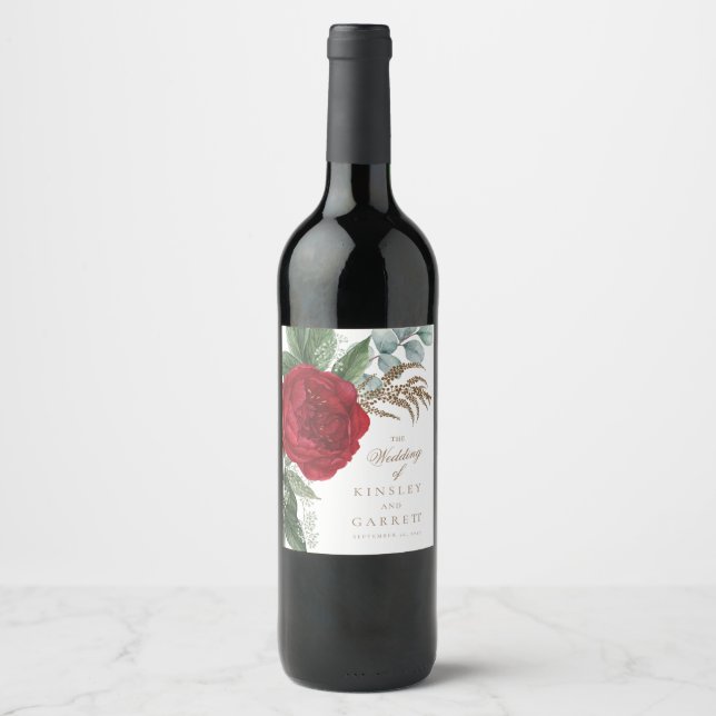 Elegant Guld Script Red Blommigt Bröllop Vinflaska Etikett (Framsida)
