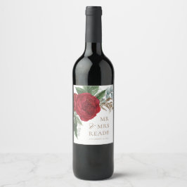 Elegant Guld Script Red Blommigt Mr & Mrs. Vinflaska Etikett