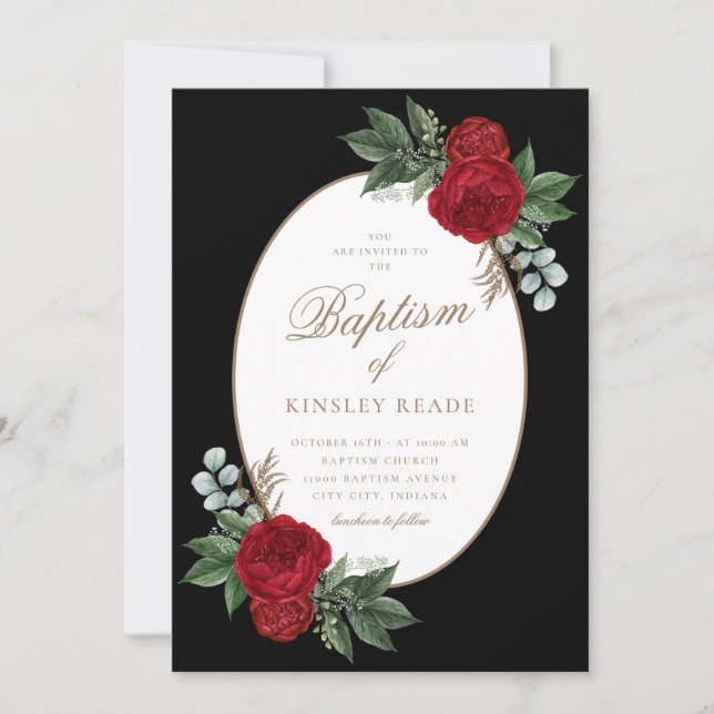 Elegant Guld Script Red Peonies Baptism Inbjudningar (Framsida)