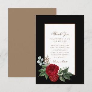 Elegant Guld Script Red Peonies Black & White Tack Kort