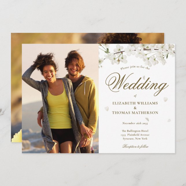 Elegant Guld Script White Blommar 2 Photo Inbjudningar (Fram/baksida)