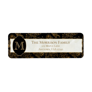 Elegant Guld Scrollss Faux Black Marble Monogram Returadress Etikett