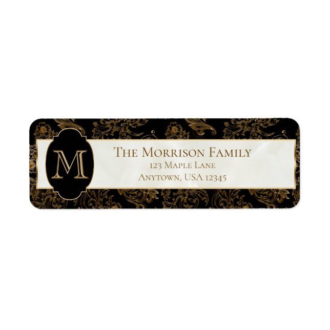 Elegant Guld Scrollss Faux Black Marble Monogram Returadress Etikett (Framsidan)
