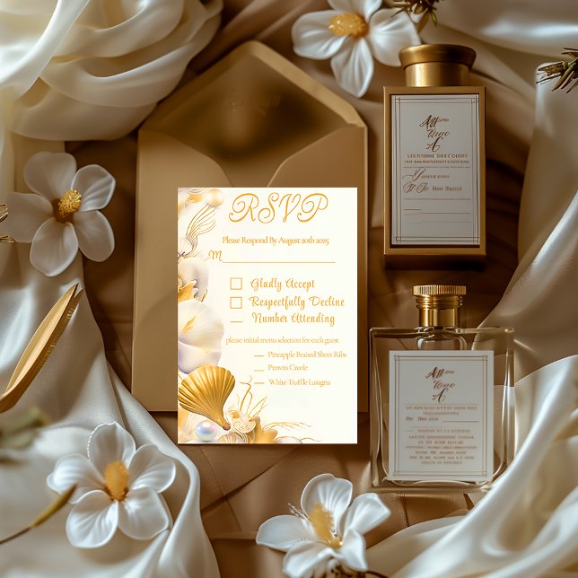 Elegant Guld Seashell OSA Bröllop Card Kort (Elegant Gold and Ivory Coastal RSVP Wedding Enclosure Card )