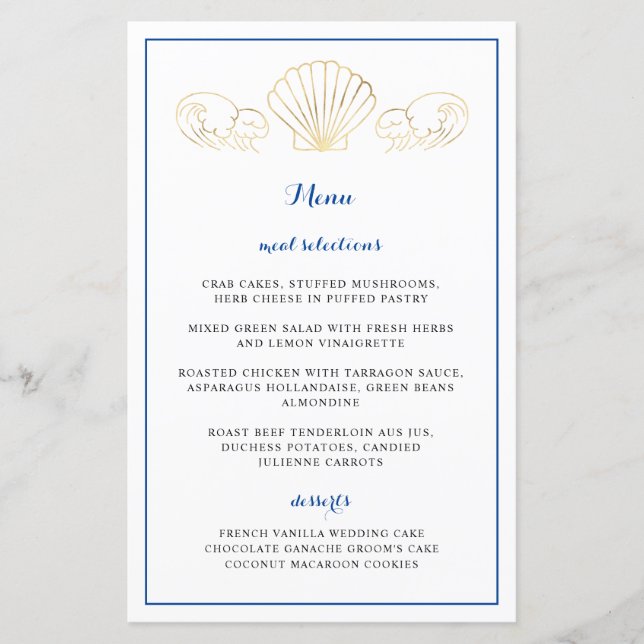 Elegant Guld Seashell Vågar Wedding Reception Menu (Framsida)