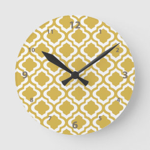 Elegant guld- senapsgultt marockansk Quatrefoil Rund Klocka