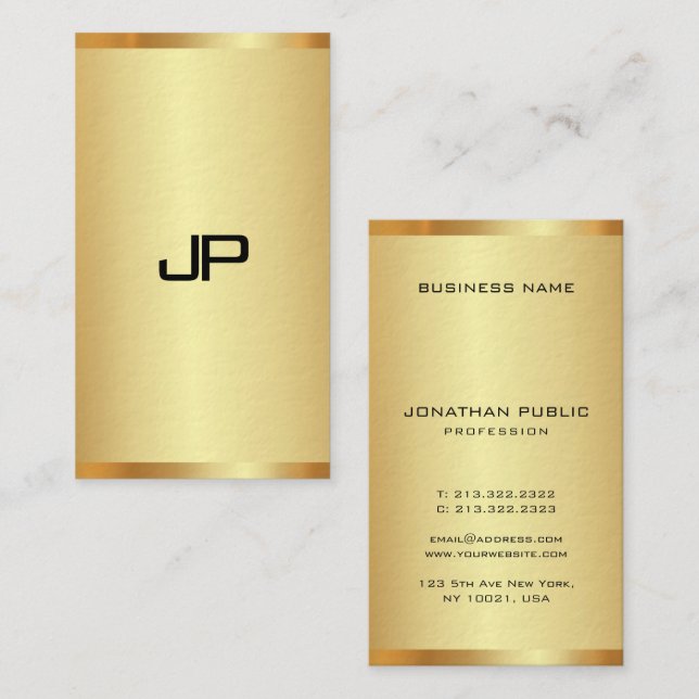 Elegant Guld ser modern Lodrät Monogram Visitkort (Fram/baksida)