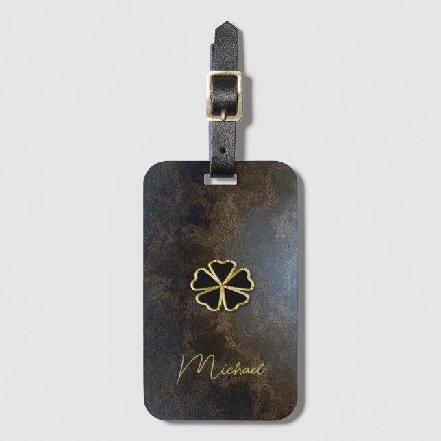 Elegant Guld Shamrock,Klöver läder utseende Bagagebricka (Framsida vertikal)