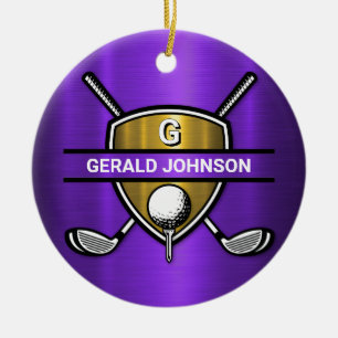 Elegant Guld Shield Golf Monogram Design Julgransprydnad Keramik