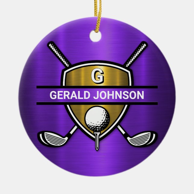 Elegant Guld Shield Golf Monogram Design Julgransprydnad Keramik (Framsidan)