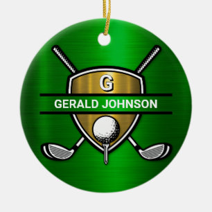 Elegant Guld Shield Golf Monogram Design Julgransprydnad Keramik