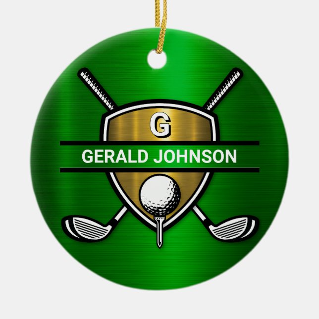 Elegant Guld Shield Golf Monogram Design Julgransprydnad Keramik (Framsidan)