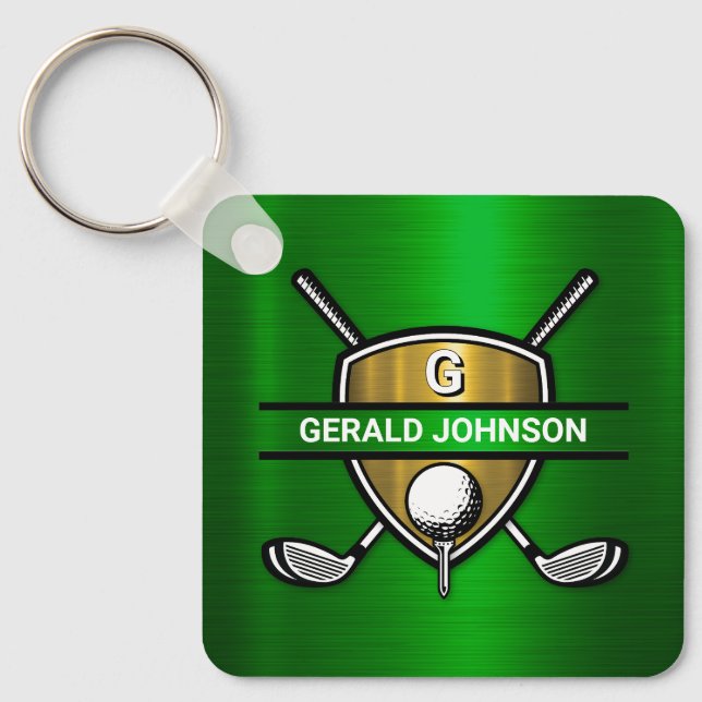 Elegant Guld Shield Golf Monogram Design Nyckelring (Framsida)