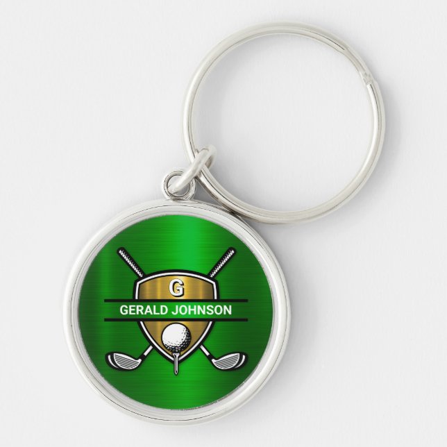 Elegant Guld Shield Golf Monogram Design Rund Silverfärgad Nyckelring (Framsidan)
