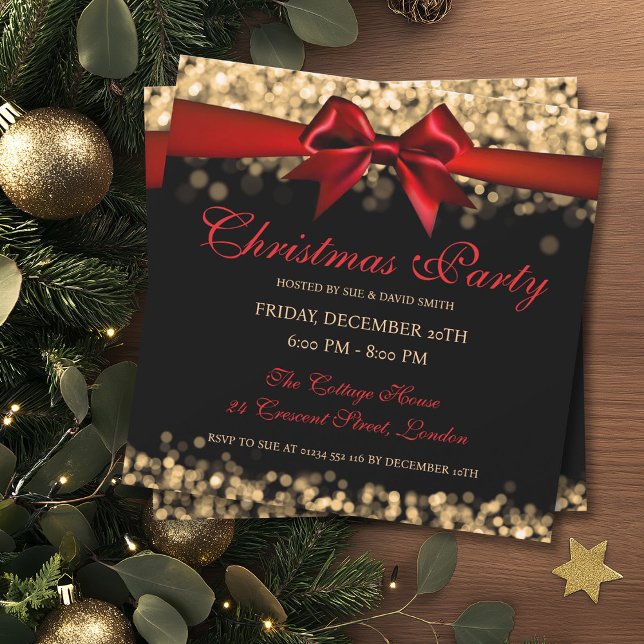 Elegant Guld Shimmer Ljus Ribbon Inbjudningar (Elegant Christmas Gold Shimmer Lights Ribbon Invitation)