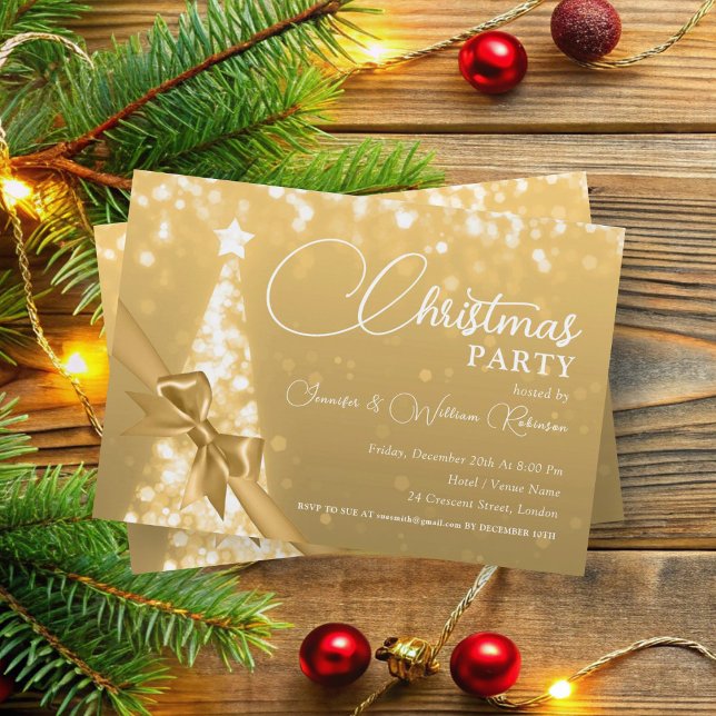 Elegant Guld Shimming Julafton Träd Helgdag Inbjudningar (Elegant Gold Shimmering Xmas Tree Holiday Invitation)