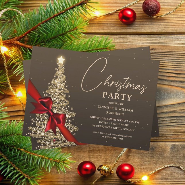 Elegant Guld Shimming Julafton Träd Helgdag Inbjudningar (Elegant Gold Shimmering Xmas Tree Holiday Invitation)