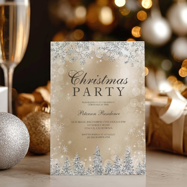 Elegant guld silver snöflinga vinter julfest inbjudningar (Chic Gold Silver snowflake winter Christmas party Invitation)
