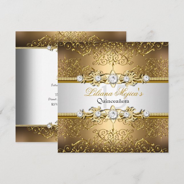 Elegant Guld Silver Swirl Damask Quinceanera Inbjudningar (Fram/baksida)