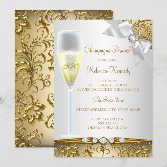 Elegant Guld Silver White Champagne Brunch Inbjudningar (Fram/baksida)