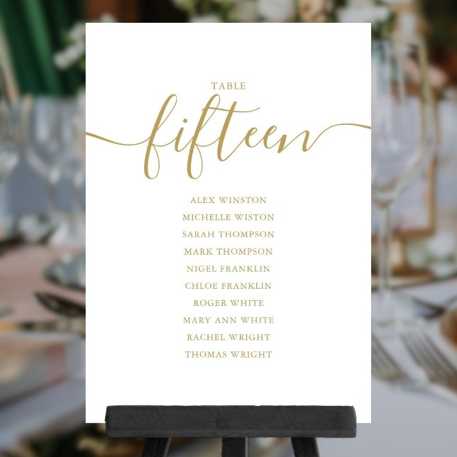 Elegant Guld Skrift Bord Nummer 15 Sittplatskarta Inbjudningar (Elegant Gold Script Table Number 15 Seating Chart)