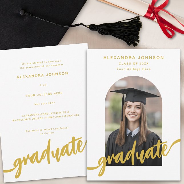 Elegant Guld-skript Arch-foto Studenten Meddelande (Elegant gold script arch photo Graduation announcement card stylish modern design)
